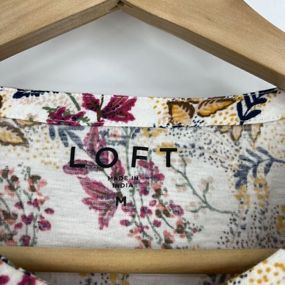 LOFT T Shirt Size Medium Womens Ivory Floral Lace Trim Button Knit Top Prairie - Picture 4 of 8